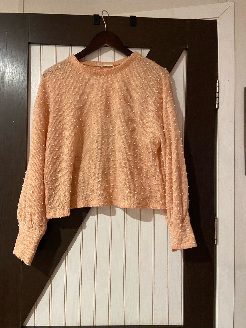 Pearl-Detail Peach Knit Pullover Sweatshirt